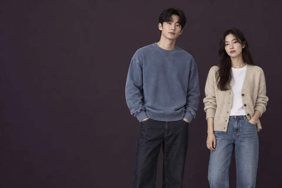 Relaxed Korean fashion styling with two models